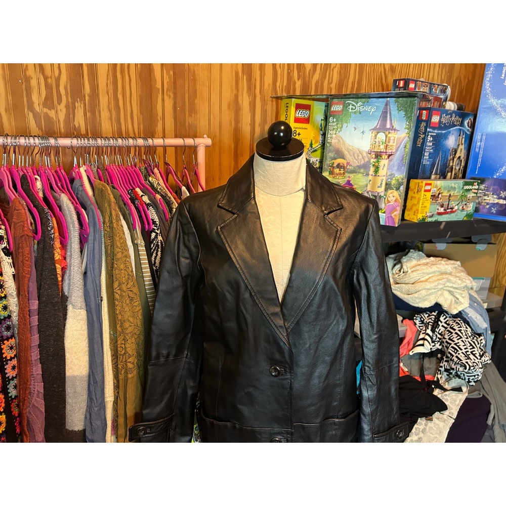 Chadwicks Womens Black Leather Trench Coat Jacket Size 12 Mid Length Buttons - Picture 3 of 8